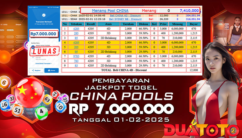 BUKTI PEMBAYARAN JACKPOT TOGEL CHINA POOLS 01-02-2025