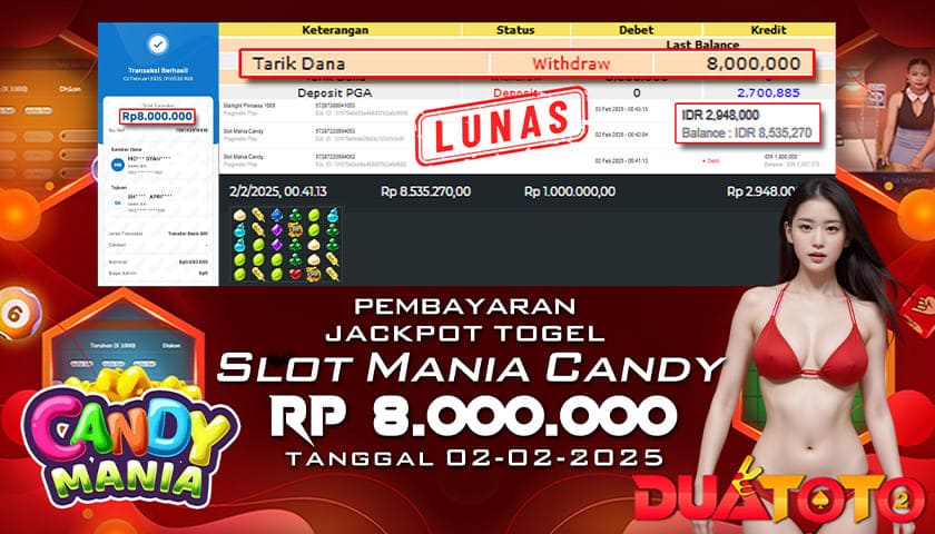 BUKTI PEMBAYARAN JACKPOT SLOT MANIA CANDY 02-02-2025