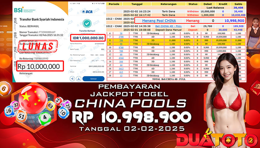 BUKTI PEMBAYARAN JACKPOT TOGEL CHINA POOLS 02-02-2025