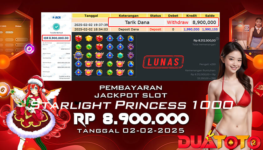 BUKTI PEMBAYARAN JACKPOT SLOT STARLIGHT PRINCES 1000 02-02-2025