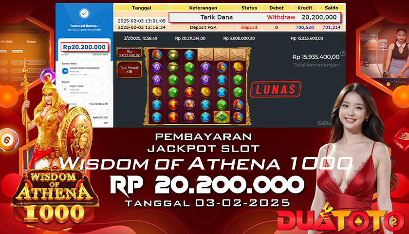 BUKTI PEMBAYARAN JACKPOT SLOT WISDOM OF ATHENA 1000 03-02-2025