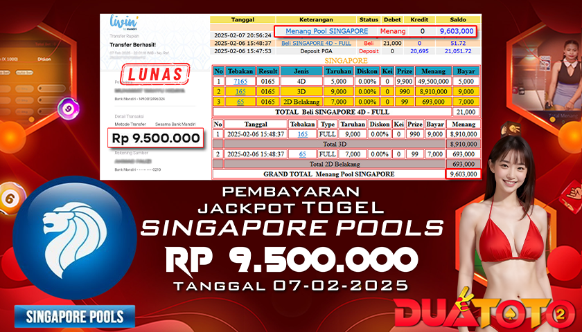 BUKTI PEMBAYARAN JACKPOT TOGEL SINGAPORE  07-02-2025