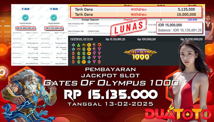 BUKTI PEMBAYARAN JACKPOT SLOT GATES OF OLYMPUS 1000 13-02-2025