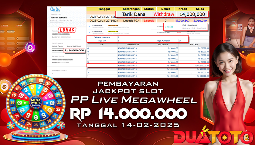 BUKTI PEMBAYARAN JACKPOT PP LIVE MEGAWHEEL 14-02-2025