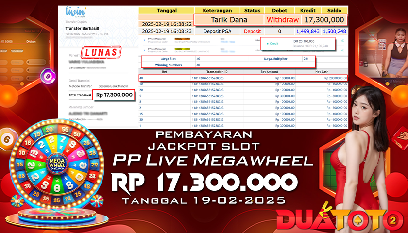 BUKTI PEMBAYARAN JACKPOT PP LIVE MEGAWHEEL 19-02-2025
