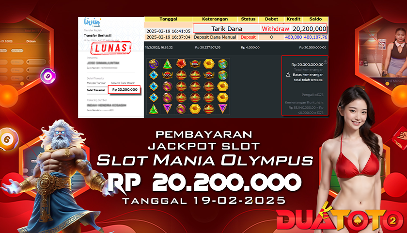 BUKTI PEMBAYARAN JACKPOT SLOT MANIA OLYMPUS 19-02-2025