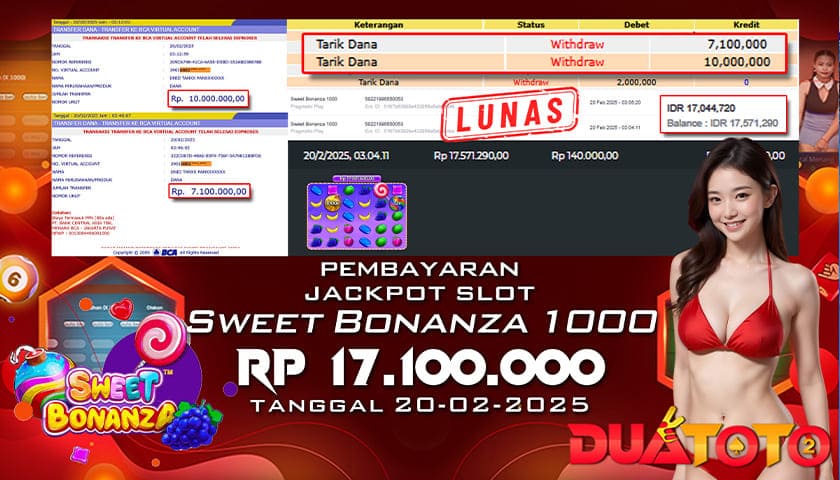 BUKTI PEMBAYARAN JACKPOT SLOT SWEET BONANZA 1000 20-02-2025