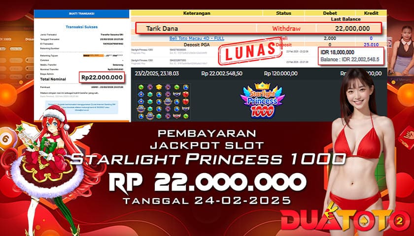 BUKTI PEMBAYARAN JACKPOT SLOT STARLIGHT PRINCESS 1000 23-02-2025