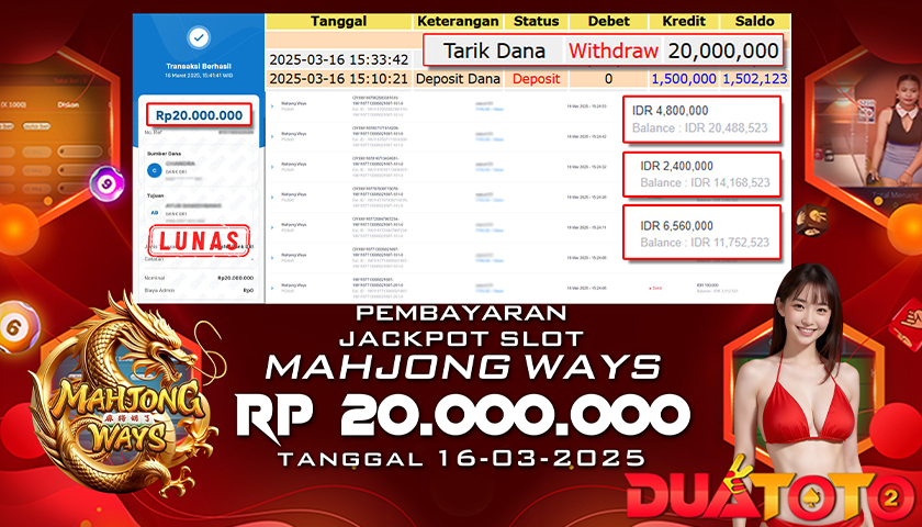 BUKTI PEMBAYARAN JACKPOT SLOT MAHJONG WAYS 16-03-2025