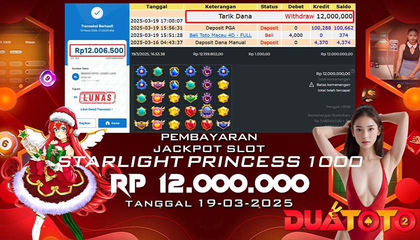 BUKTI PEMBAYARAN JACKPOT SLOT STARLIGHT PRINCESS 1000 19-03-2025