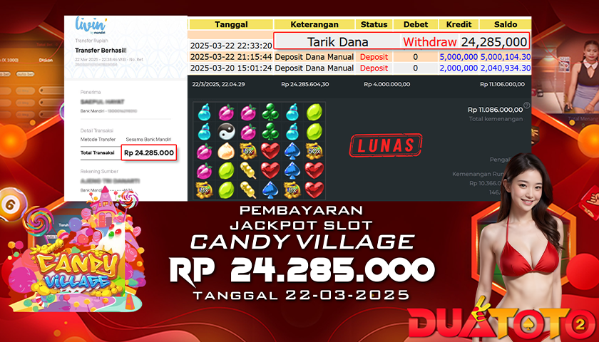 BUKTI PEMBAYARAN JACKPOT SLOT CANDY VILLAGE 23-03-2025