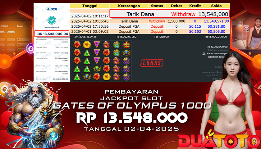 BUKTI PEMBAYARAN JACKPOT SLOT GATES OF OLYMPUS 1000 02-04-2025