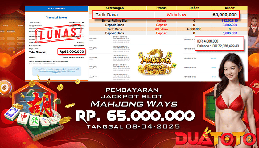 BUKTI PEMBAYARAN JACKPOT SLOT MAHJONG WAYS 08-04-2025