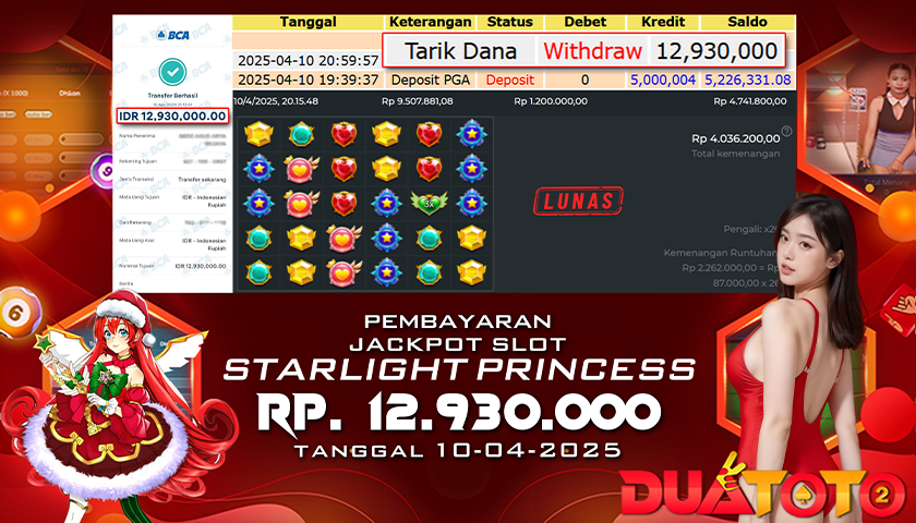 BUKTI PEMBAYARAN JACKPOT SLOT STARLIGHT PRINCESS 10-04-2025
