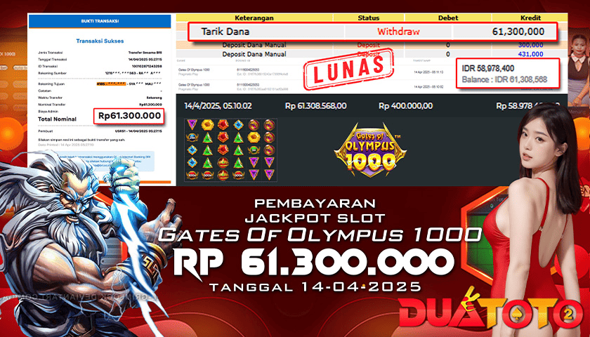 BUKTI PEMBAYARAN JACKPOT SLOT GATES OF OLYMPUS 1000 14-04-2025