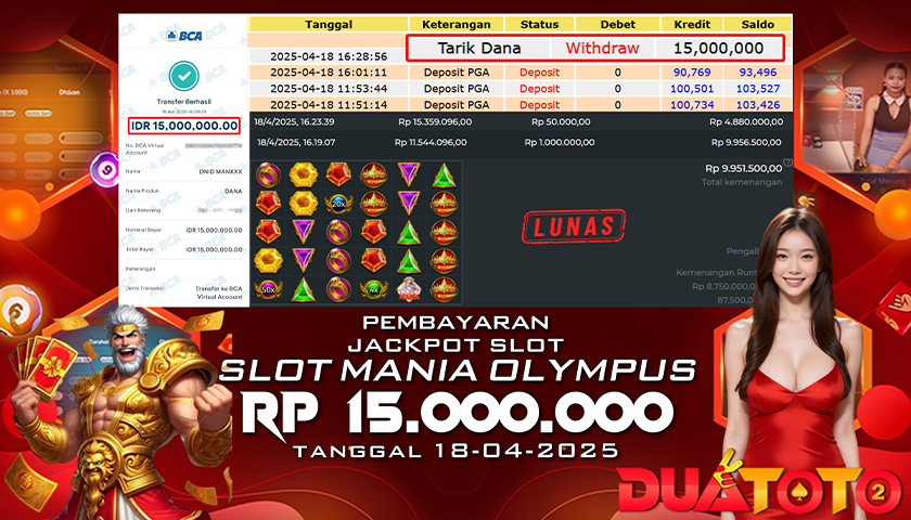 BUKTI PEMBAYARAN JACKPOT SLOT MANIA OLYMPUS 18-04-2025