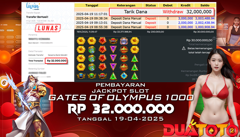 BUKTI PEMBAYARAN JACKPOT SLOT  GATES OF OLYMPUS 1000 19-04-2025