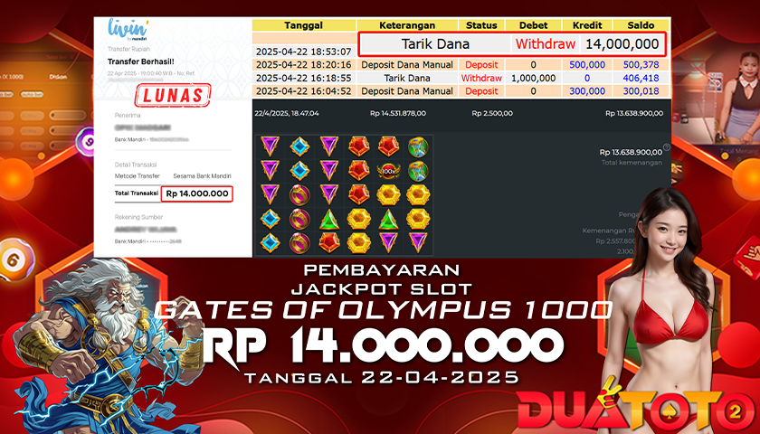 BUKTI PEMBAYARAN JACKPOT SLOT GATES OF OLYMPUS 1000 22-04-2025