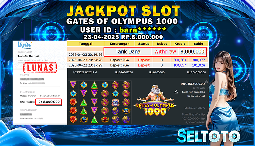 BUKTI PEMBAYARAN JACKPOT SLOT GATES OF OLYMPUS 1000 23-04-2025