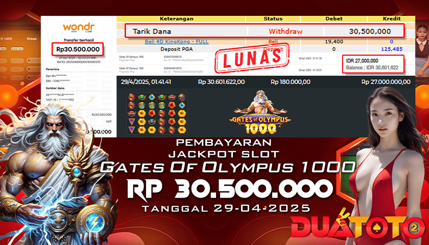 BUKTI PEMBAYARAN JACKPOT SLOT GATES OF OLYMPUS 1000  29-04-2025