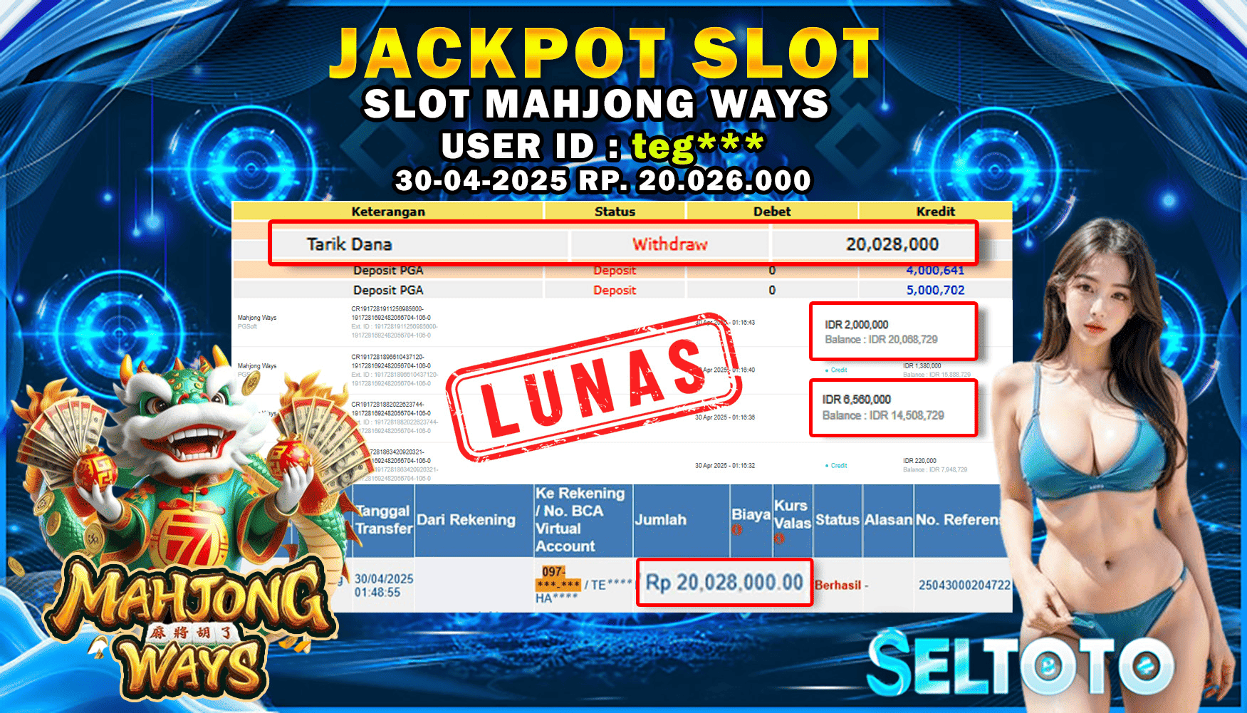 BUKTI PEMBAYARAN JACKPOT SLOT MAHJONG WAYS 30-04-2025