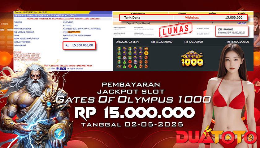 BUKTI PEMBAYARAN JACKPOT SLOT GATES OF OLYMPUS 1000 02-05-2025