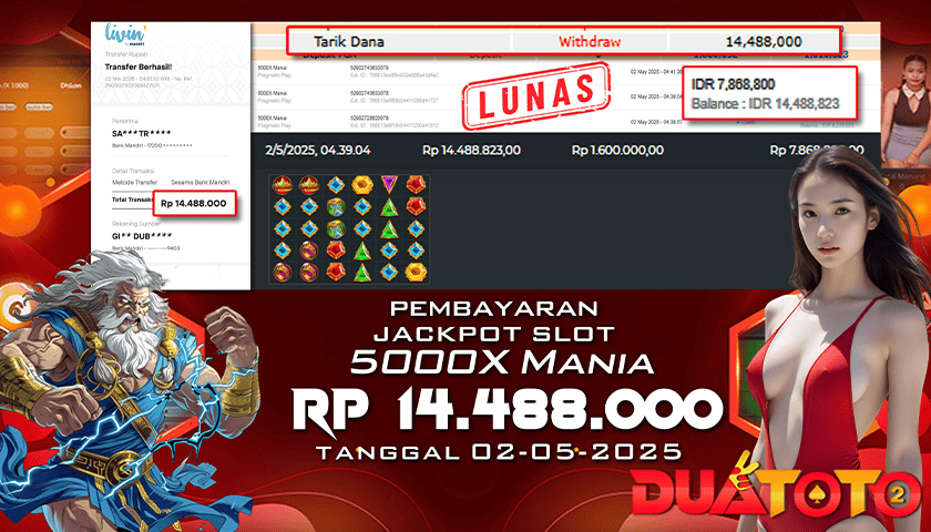 BUKTI PEMBAYARAN JACKPOT SLOT 5000x MANIA 02-05-2025