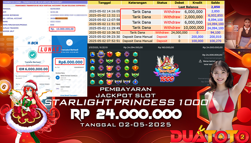 BUKTI PEMBAYARAN JACKPOT SLOT STARLIGHT PRINCESS 1000 02-05-2025