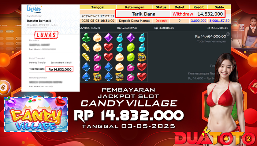 BUKTI PEMBAYARAN JACKPOT SLOT CANDY VILLAGE 03-05-2025