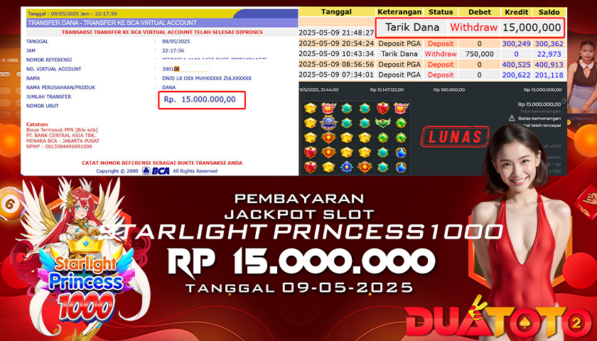 BUKTI PEMBAYARAN JACKPOT SLOT  STARLIGHT PRINCESS 1000 09-05-2025