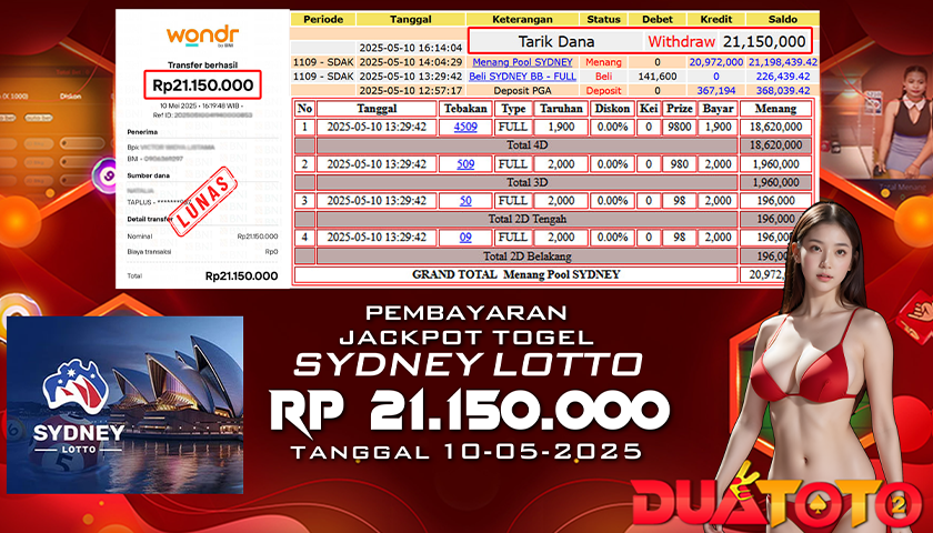 BUKTI PEMBAYARAN JACKPOT TOGEL PASARAN SYDNEY LOTTO 10-05-2025