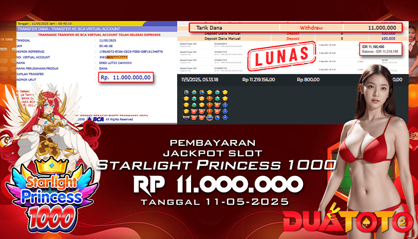 BUKTI PEMBAYARAN JACKPOT SLOT STARLIGHT PRINCESS 1000  11-05-2025