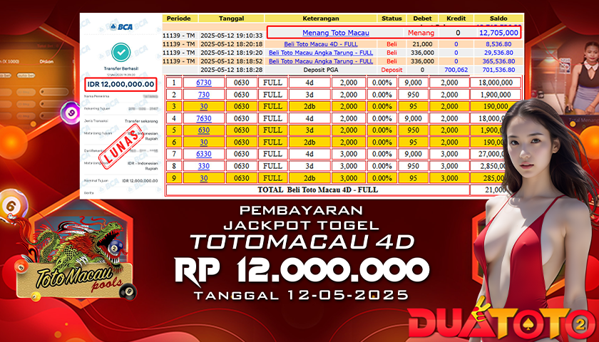 BUKTI PEMBAYARAN JACKPOT TOGEL TOTOMACAU 12-05-2025