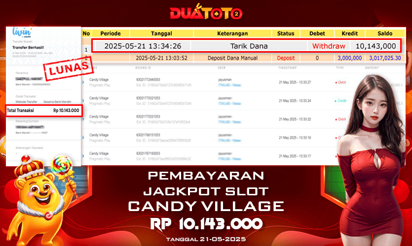 BUKTI PEMBAYARAN JACKPOT SLOT CANDY VILLAGE  21-05-2025