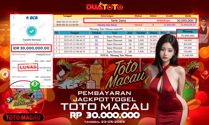 BUKTI PEMBAYARAN JACKPOT TOTO MACAU 23-05-2025