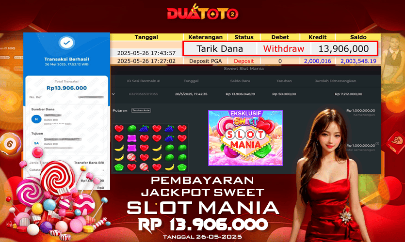 BUKTI PEMBAYARAN JACKPOT SWEET SLOT MANIA 26-05-2025