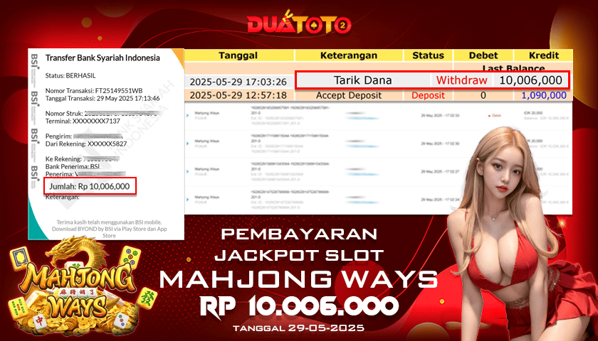 BUKTI PEMBAYARAN JACKPOT SLOT MAHJONG WAYS 29-05-2025