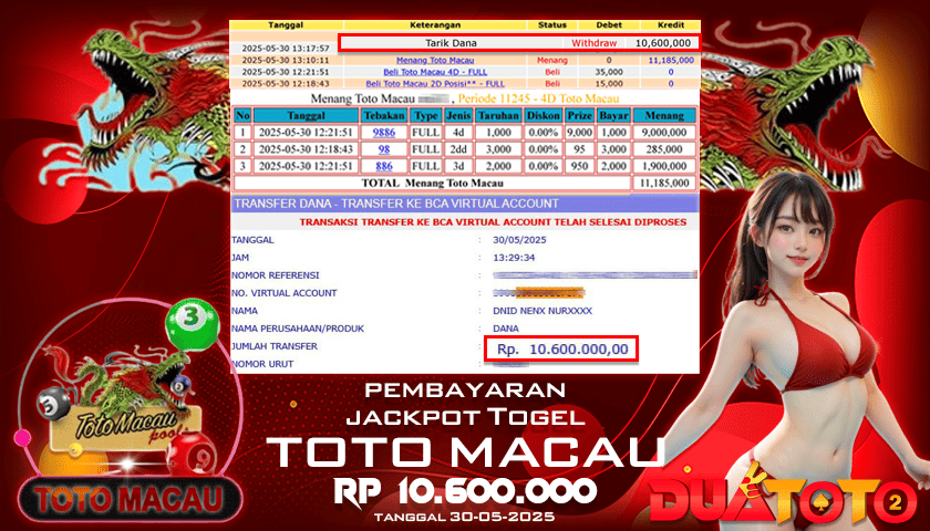 BUKTI PEMBAYARAN JACKPOT TOTO MACAU 30-05-2025