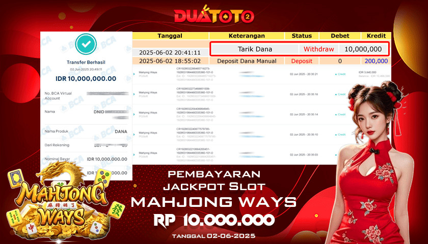 BUKTI PEMBAYARAN JACKPOT SLOT MAHJONG WAYS 02-06-2025