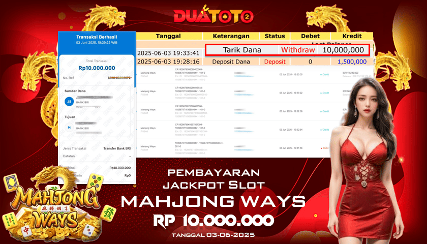 BUKTI PEMBAYARAN JACKPOT SLOT MAHJONG WAYS 03-06-2025