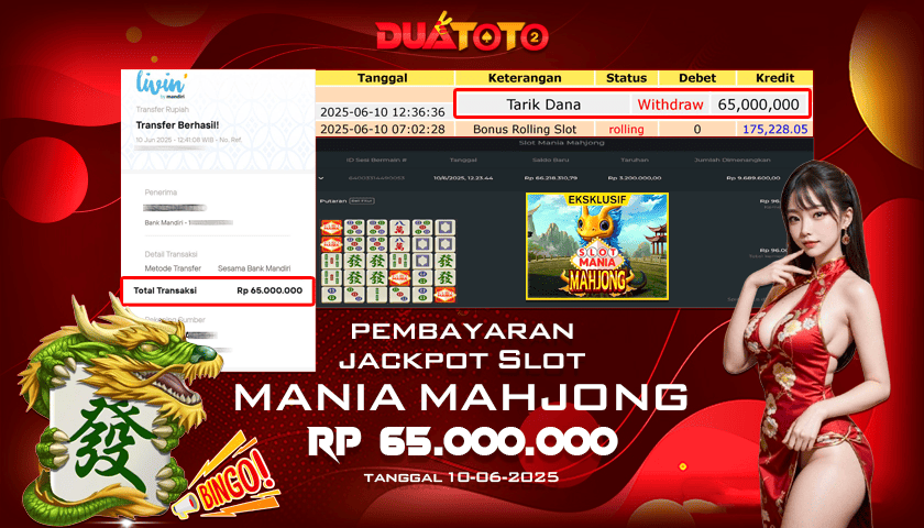 BUKTI PEMBAYARAN JACKPOT SLOT MAINIA MAHJONG 10-06-2025