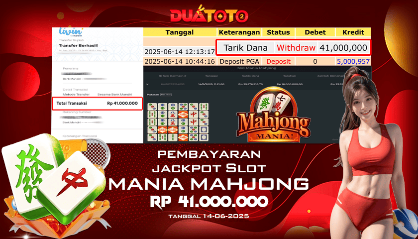 BUKTI PEMBAYARAN JACKPOT SLOT MANIA MAHJONG 14-06-2025