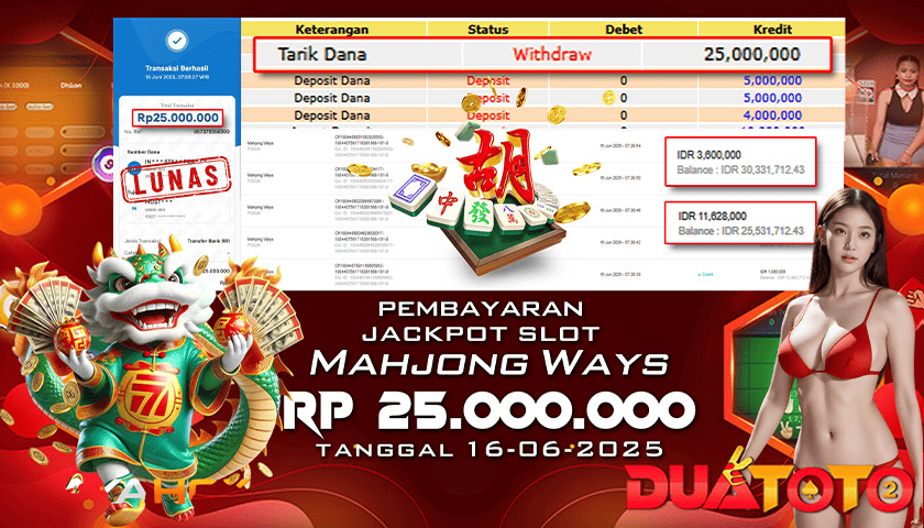 BUKTI PEMBAYARAN JACKPOT SLOT MAHONG DAYS 16-06-2025