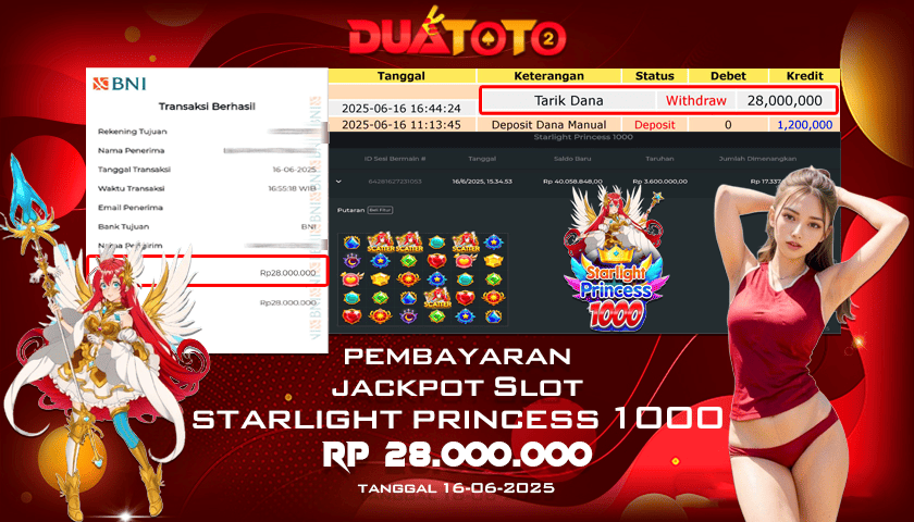 BUKTI PEMBAYARAN JACKPOT SLOT STARLIGHT PRINCESS 1000 16-06-2025