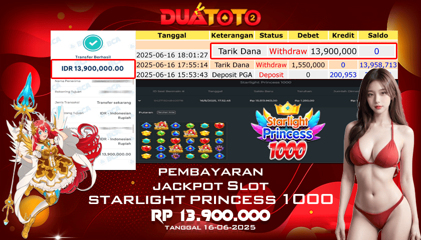 BUKTI PEMBAYARAN JACKPOT SLOT STARLIGHT PRINCESS 1000 16-06-2025