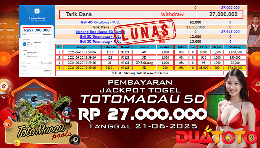 BUKTI PEMBAYARAN JACKPOT TOGEL TOTOMACAU 5D 21-06-2025