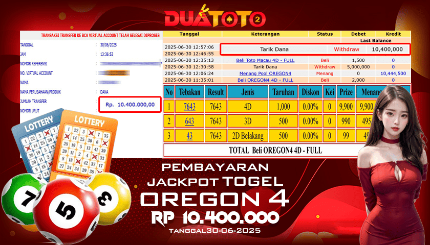 BUKTI PEMBAYARAN JACKPOT TOGEL OREGON 4 PP 30-06-2025