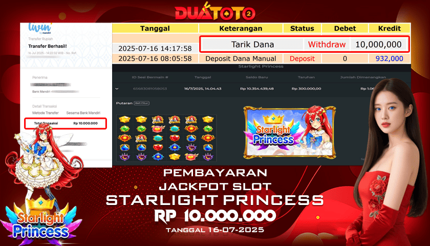 BUKTI PEMBAYARAN JACKPOT SLOT STARLIGHT PRINCESS  16-07-2025