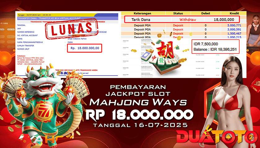 BUKTI PEMBAYARAN JACKPOT SLOT MAHJONG WAYS 16-07-2025