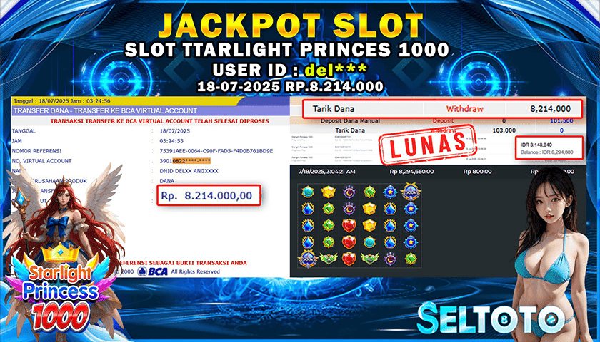 BUKTI PEMBAYARAN JACKPOT SLOT STARLIGHT PRINCESS 1000 18-07-2025